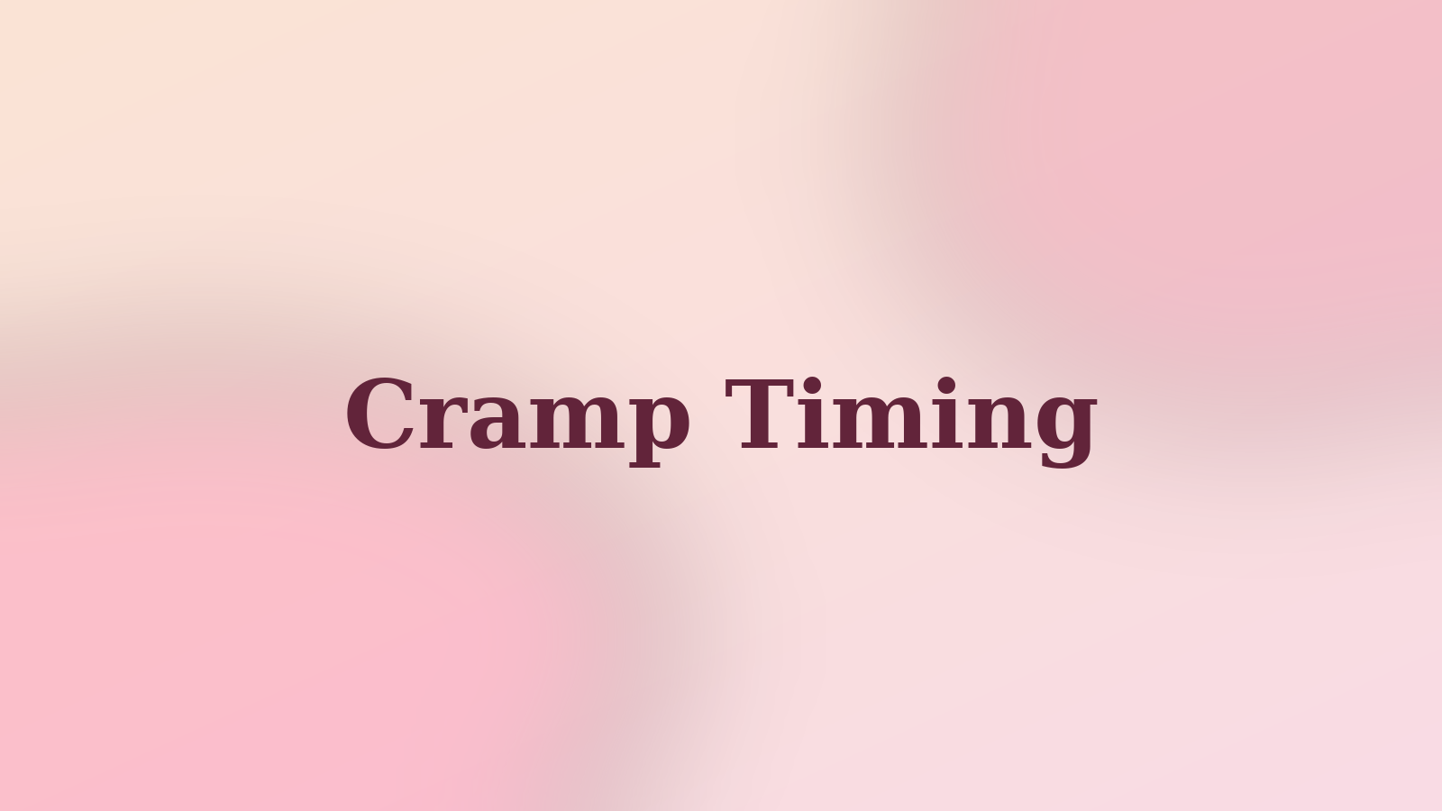 Warm peach and pink illustration with the words Cramp Timing, showing a cycle calendar and gentle abdominal cramp icons.
